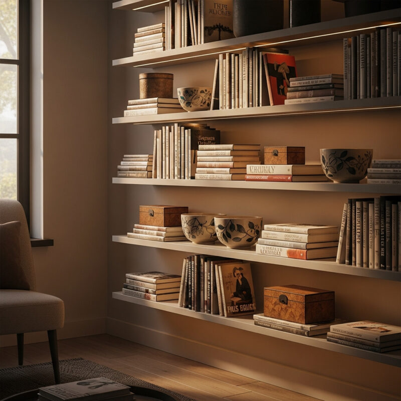 Bookshelf styled with layered height