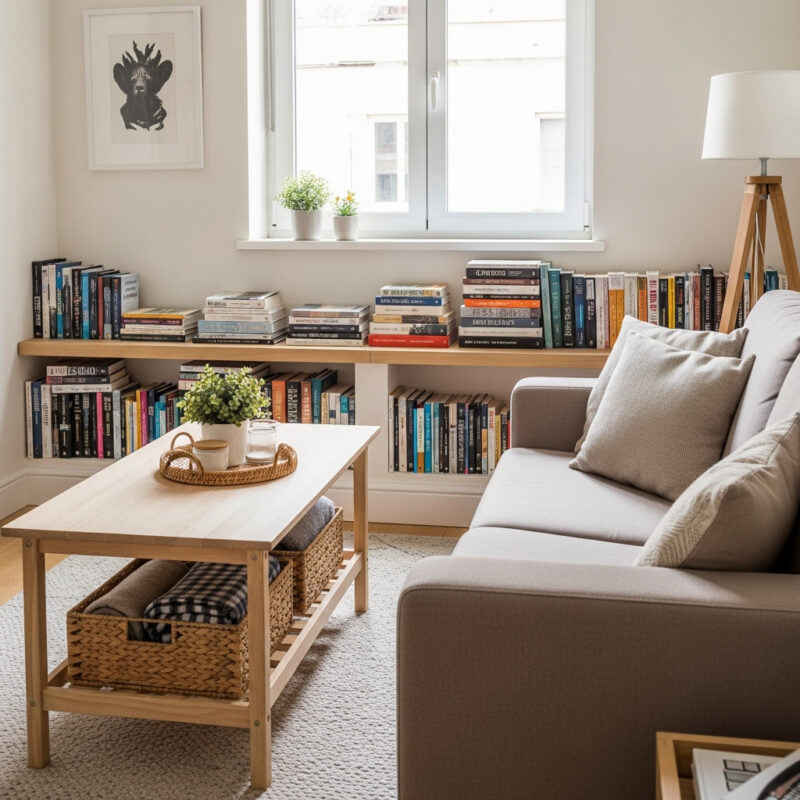 Small living room with woven baskets under a coffee table