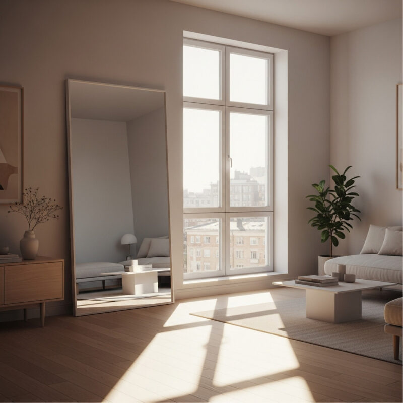 small apartment with large mirror