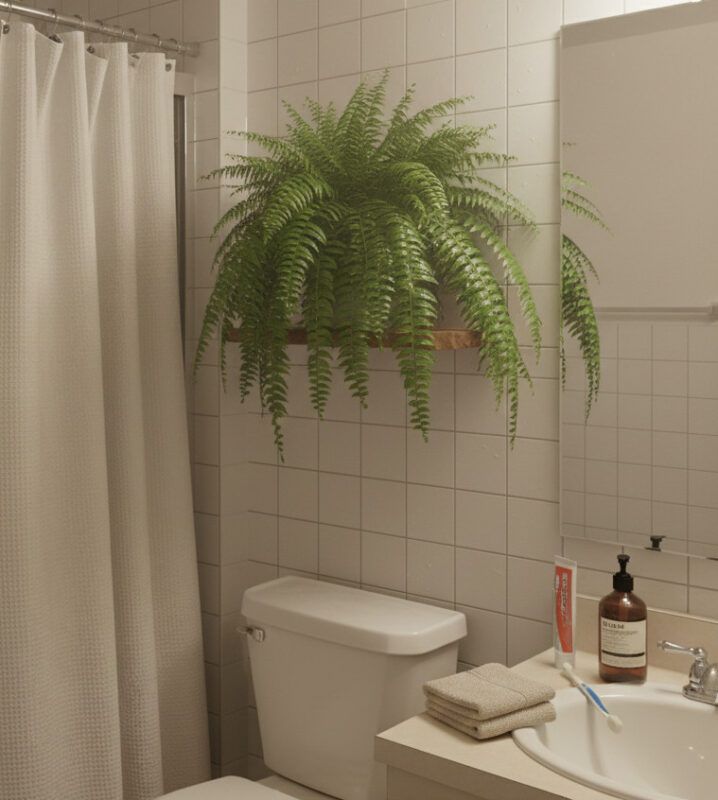 A small apartment bathroom with a lush Boston fern placed on a shelf above the toilet