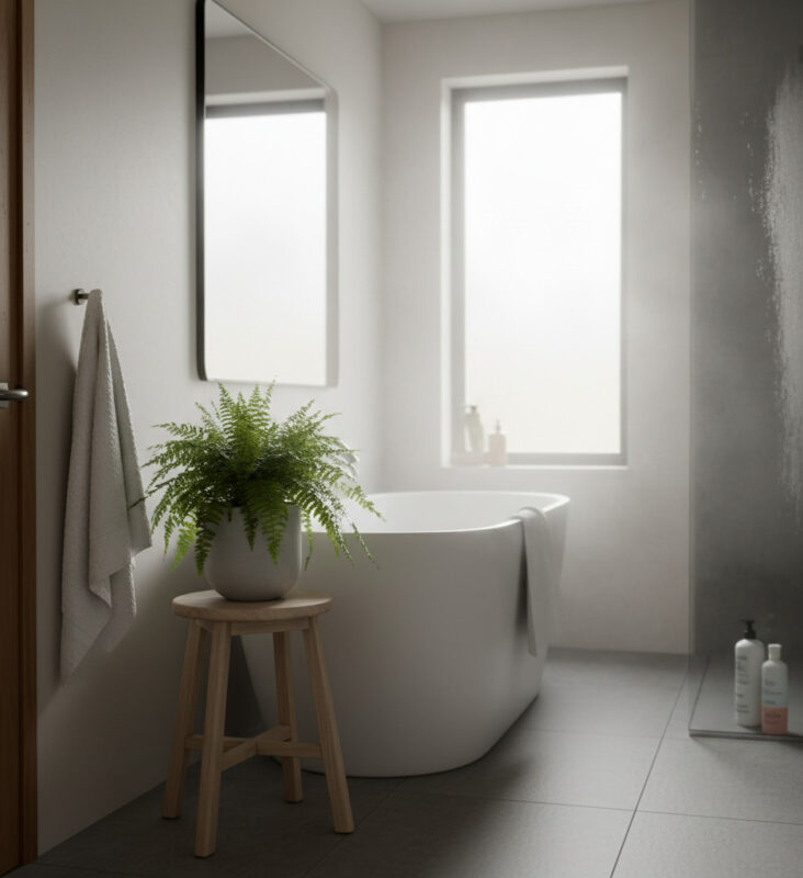 Modern bathroom. A healthy Boston fern in a simple ceramic pot sits on a wooden stool next to a white bathtub.