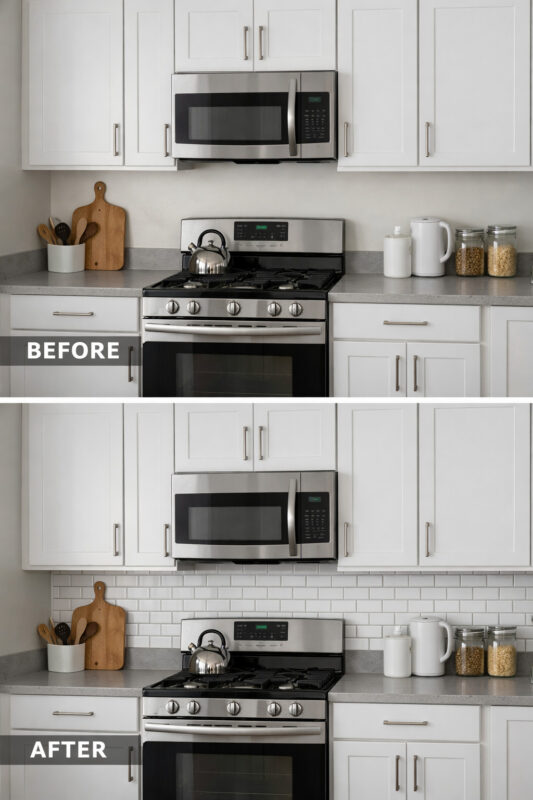 Before and after photo of a white rental kitchen with shaker cabinets, gray countertops, and stainless steel appliances, showing the same kitchen layout with the only change being a peel and stick white subway tile backsplash added in the after image.