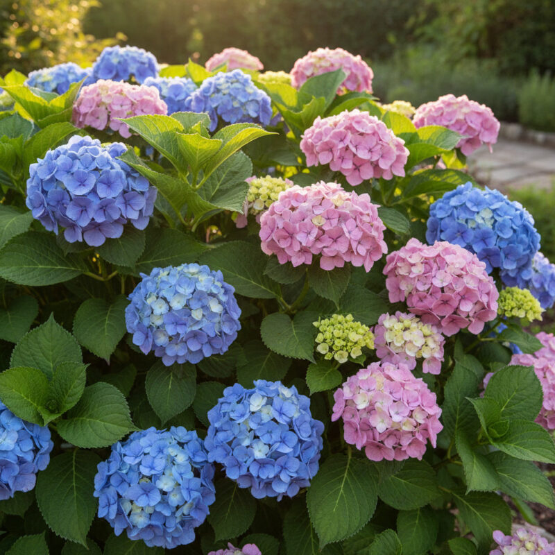 bigleaf hydrangea with blue and pink blooms