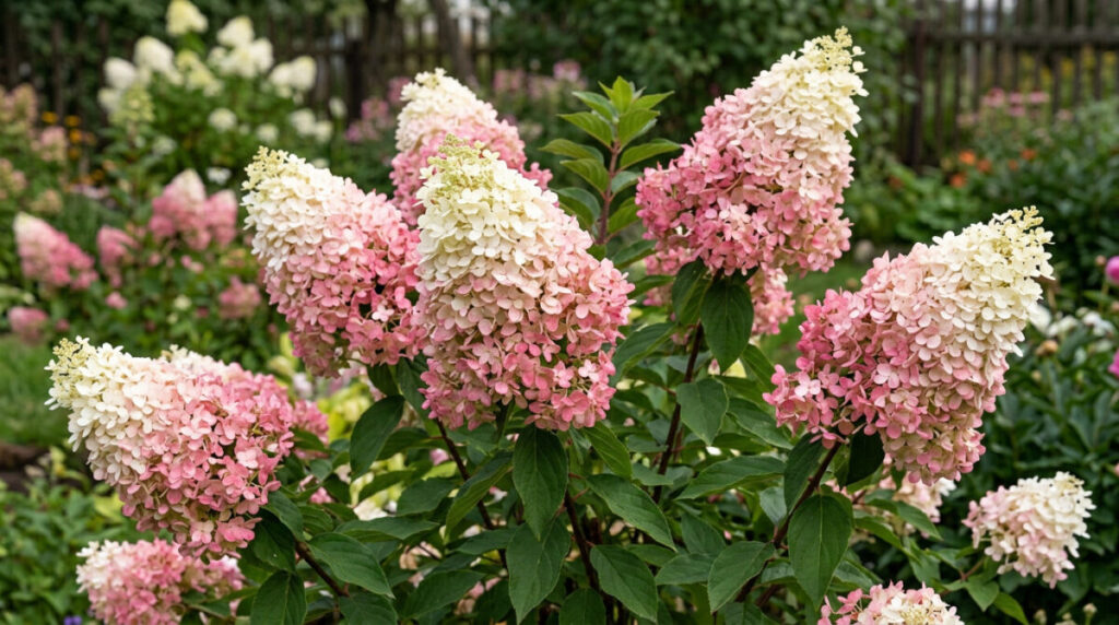 panicle hydrangea with cone-shaped white-pink flowers
