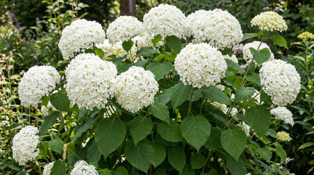 smooth hydrangea with large round white blooms